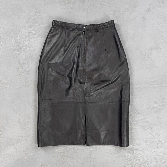 Vintage 1980s Genuine Leather Knee Length Pencil Skirt Fits Size 25 Waist - Picture 2 of 3